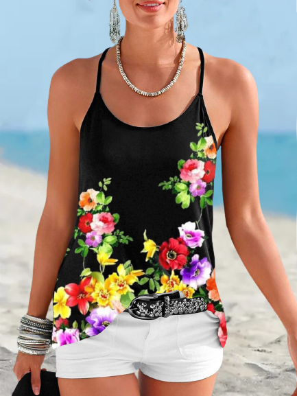 Casual Floral Knit Tank, Black, Tank Top