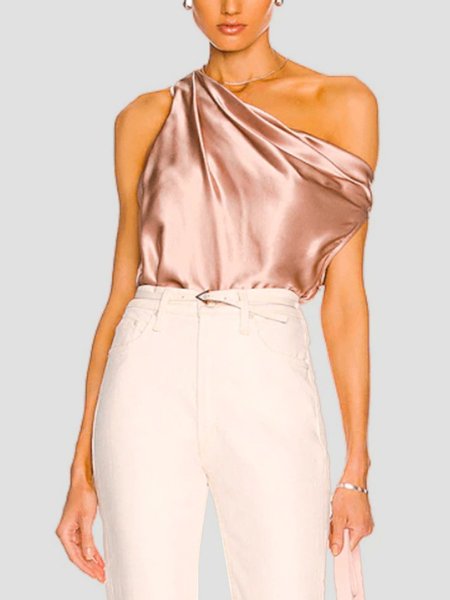 

Summer Asymmetrical Neck Lightweight Plain Short Sleeve Tops, Pink, Tunics