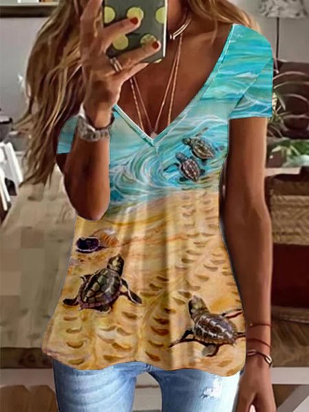 

Sea Turtle Print V Neck Regular Fit Short Sleeve T-Shirt, Multicolor, T-Shirts