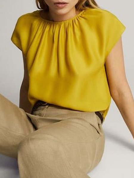 

Crew Neck Ruched Simple Top, Yellow, Tops