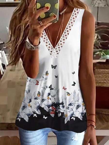 

Vacation Floral Butterfly Printed Casual Loosen V Neck Knit Tank, White, Tank Top