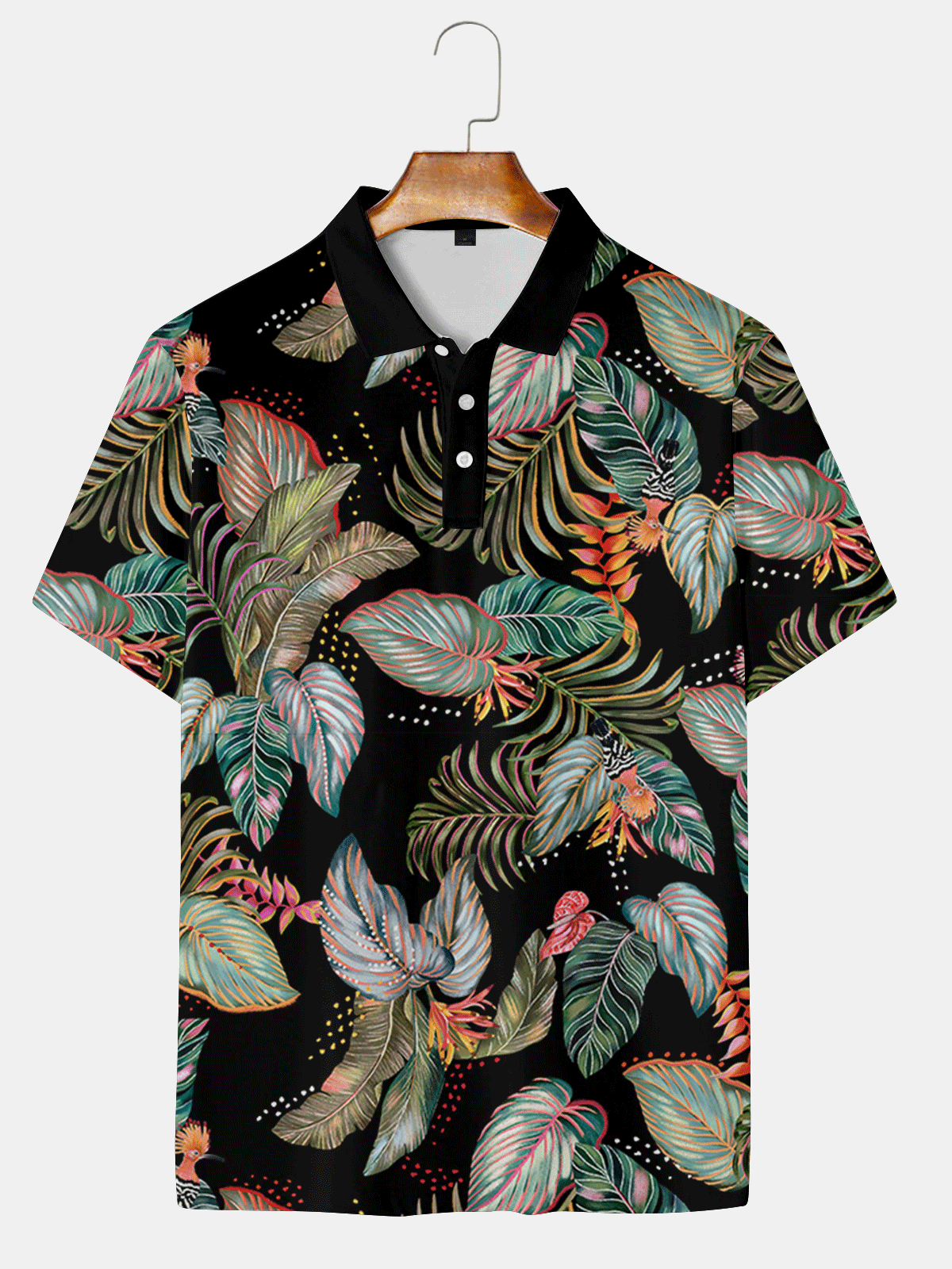 

Holiday Style Hawaiian Series Plant Leaves And Floral Elements Lapel Short-Sleeved Polo Print Top, Black, Men's t-shirts
