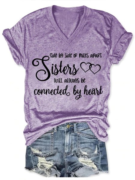 

Sisters Side By Side or Miles Apart Sisters Will Always be Connected By Heart Casual Short Sleeve T-Shirt, Purple, T-shirts