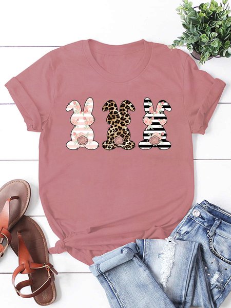 

Leopard Easter Bunny Funny Print Casual Short Sleeve T-Shirt, Pink, T-shirts