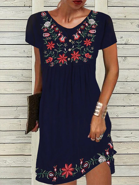 

Floral Crew Neck Short Sleeve Casual Dress, Dark blue, Mini Dresses