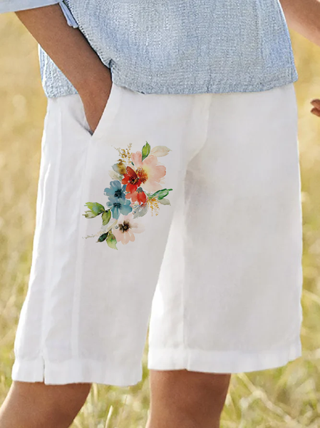 

Floral Cotton Blends Casual Regular Fit Shorts, White, Shorts