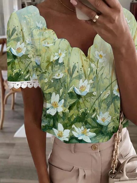 

Vacation Floral Plants Printed Casual Loosen V Neck Short Sleeve Tops, Green, Tops