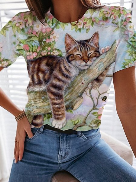 

Cat and cat flower print designer hot style women's short-sleeved T-shirt, Multicolor, T-Shirts