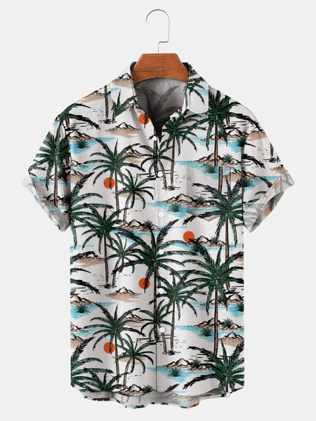Coconut Tree Graphic Men's Casual Short Sleeve Hawaiian Shirt, Green, Men's Floral shirt