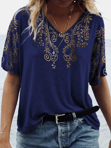 

JFN V Neck Tribal Loosen Casual T-Shirt/Tee, Blue, T-Shirts