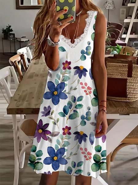 

Floral Casual V neck Sleeveless Knit Dress, White, Mini Dresses