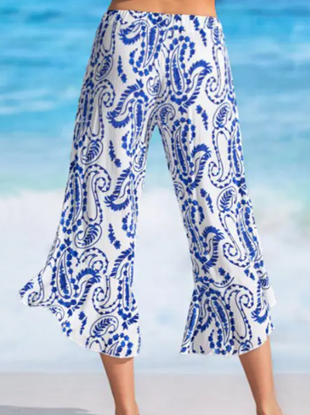 

Ethnic Paisley Print Ruffle Hem Seaside Resort Wide Leg Pants Loosen Vacation Pants, Blue, Pants