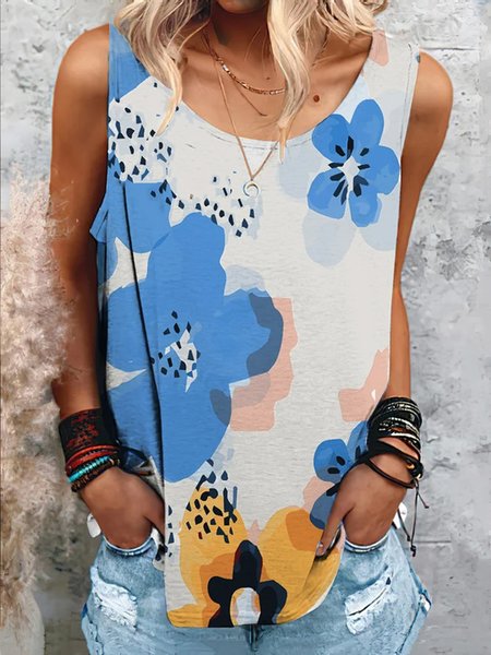 

Crew Neck Simple Floral Knit Tank Loosen, Blue, Tanks & Camis