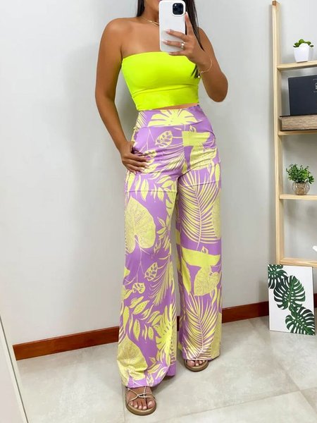 

Strapless Regular Fit Vacation Two Piece Set, Yellow, Pants Set