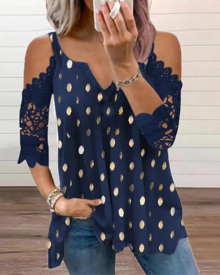 

Glitter-Finished V Neck Casual Short Sleeve T-Shirt, Deep blue, T-Shirts