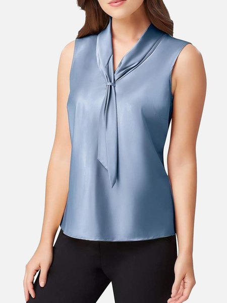 

Tie Neck Simple Top, Blue, Tunics