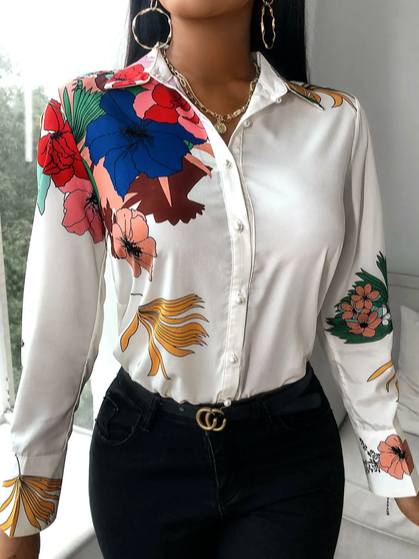 

Shirt Collar Loosen Floral Long Sleeve Blouse, White, Shirts & Blouses