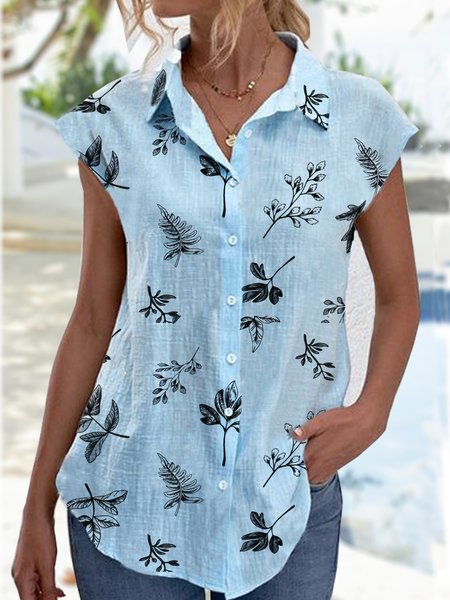 

Vacation Leaves Floral Printed Loosen Buttoned Shirt Collar Short Sleeve Blouse, Flower, Blouses & Shirts