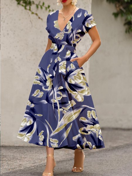 

Vacation Printed Short Sleeve V Neck Dress, Blue, Maxi Dresses