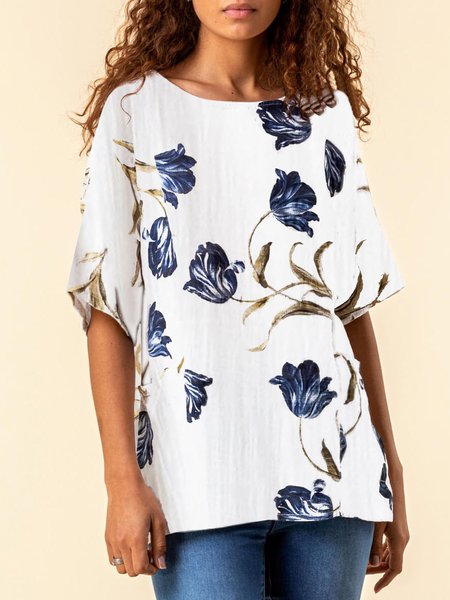 

Floral Casual Scoop Neckline Short Sleeve Tops, White, Tops