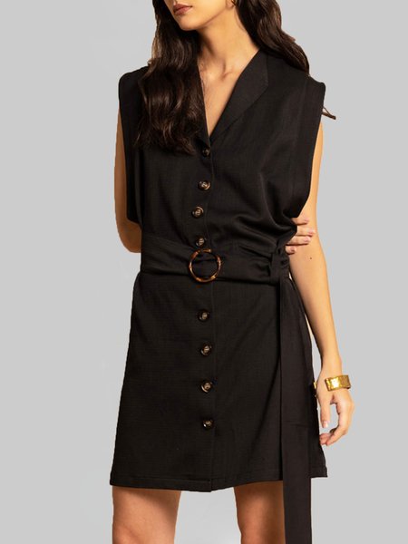 

Solid Lapel Loosen Sleeveless Woven Dress, Black, Midi Dresses