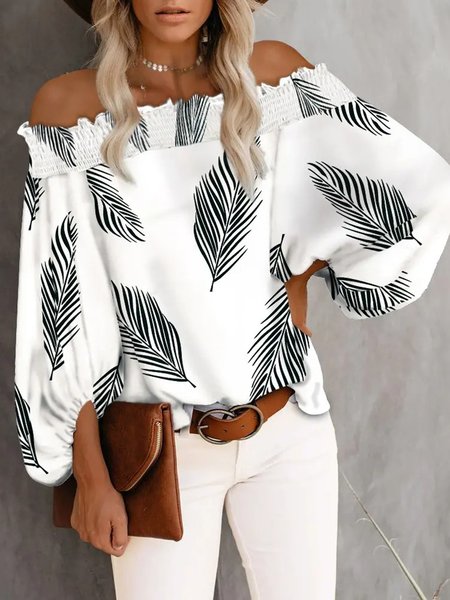Buy Casual Leaves Off The Shoulder Loosen Tops, Zolucky, White