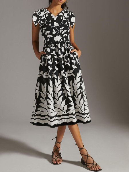 

Vacation One Shoulder Sleeveless Woven Dress, Black-white, Midi Dresses