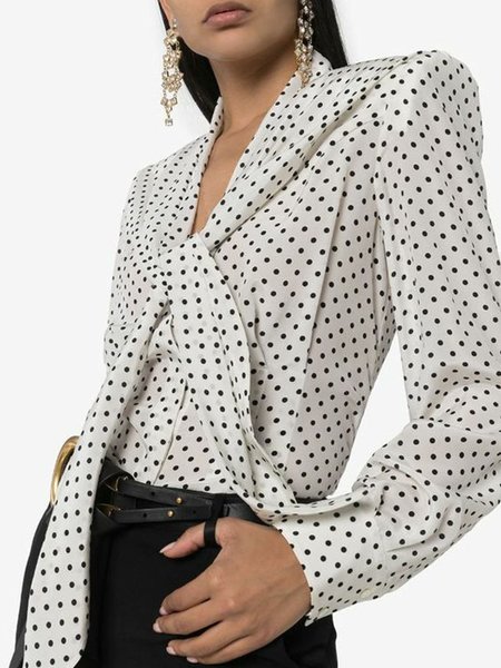 

Polka Dots Simple Long Sleeve Blouse, White, Blouses and Shirts