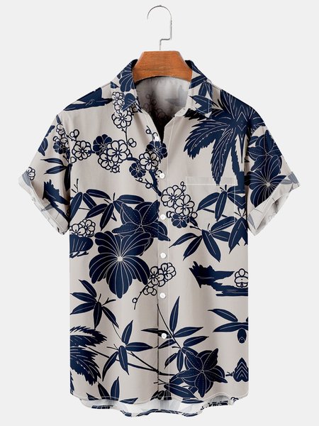

Men's Leaf Printed Casual Short Sleeve Hawaiian Shirt with Chest Pocket, Purplish blue, Men's Floral shirt