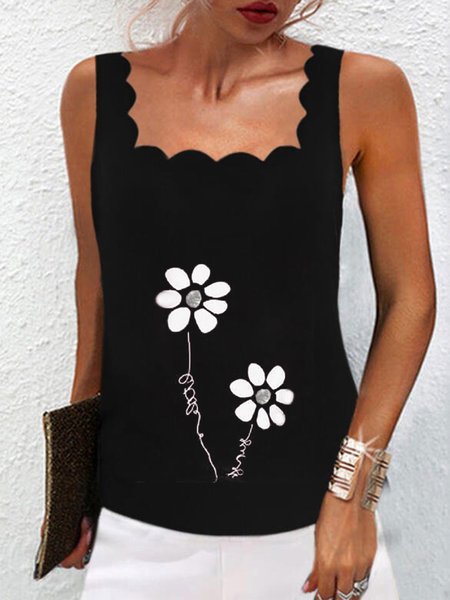 

Casual Floral Square Neck Sleeveless Knit Tank, Black, Tank Top