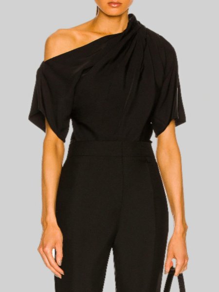 

Summer Asymmetrical Neck Lightweight Elegant Short Sleeve Tops, Black, Tops