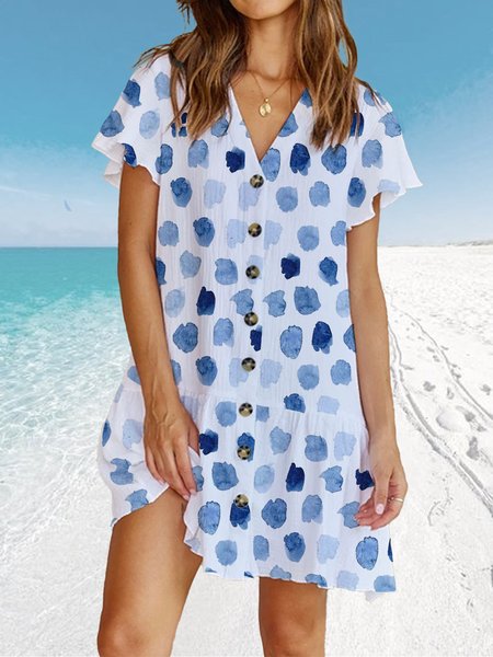 

Vacation V Neck Loosen Short Sleeve Woven Dress, Blue, Mini Dresses