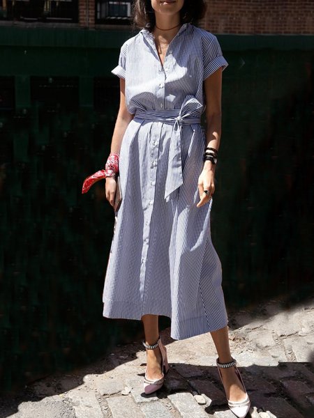 

Regular Fit Casual Striped Short Sleeve Woven Dress, Blue, Maxi Dresses