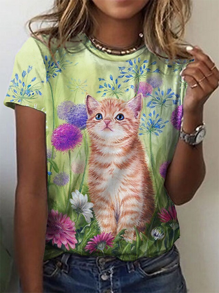 

Floral Crew Neck Casual Short Sleeve T-Shirt, As picture, T-Shirts