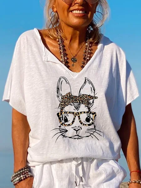

Women's Animal Short Sleeve Tee T-shirt V Neck Vintage Summer Top, White, T-Shirts