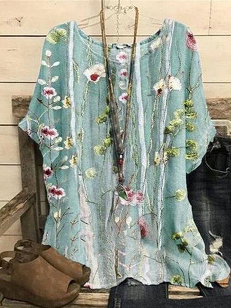 

Loosen Floral Crew Neck Short Sleeve Blouse, Multicolor, Shirts & Blouses