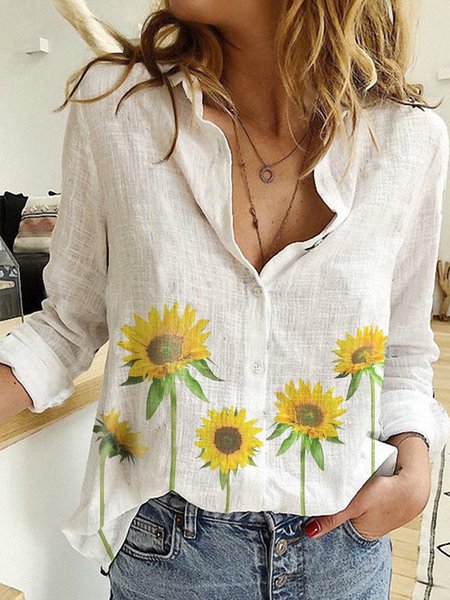 

Floral Casual Loosen Long Sleeve Blouse, White, Blouses & Shirts