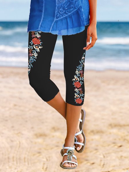 

Flower Printed folk style pattern fit high elastic middle waist elastic waist bottomed Capri Pants Plus Size, Black, Leggings