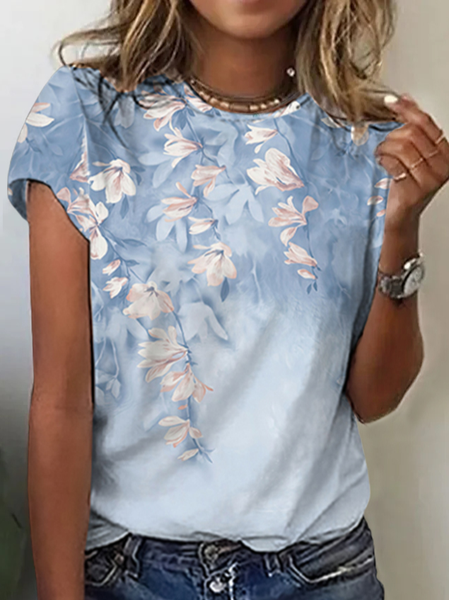 

Floral Casual Cotton Blends Short Sleeve T-Shirt, Blue, T-Shirts