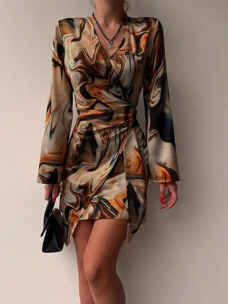 

Cross Front Lady Abstract Long Sleeve Mini Dress, Multicolor, Mini Dresses