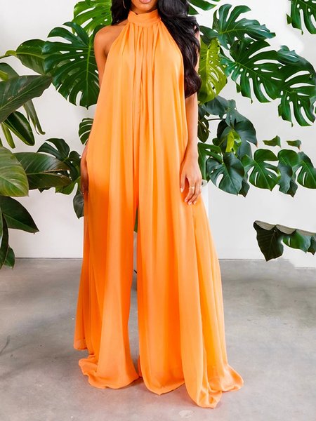

Solid Daily Halter Vacation Jumpsuit & Romper, Orange, Jumpsuits