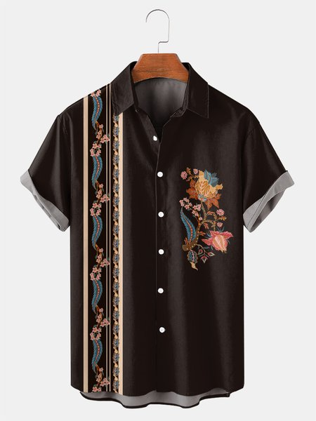 

Vintage Pattern Graphic Men's Casual Short Sleeve Shirt, Black, Men's Floral shirt