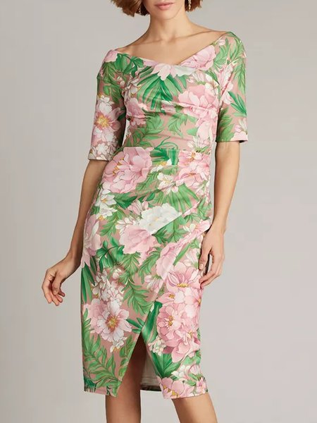 

Elegant V Neck Half sleeve Floral Dress, Green, Midi Dresses