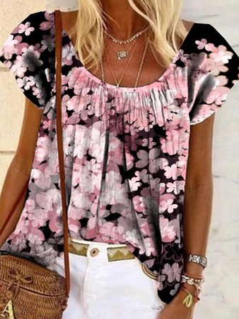 

Crew Neck Loosen Casual Short Sleeve Tops, Multicolor, Shirts & Blouses