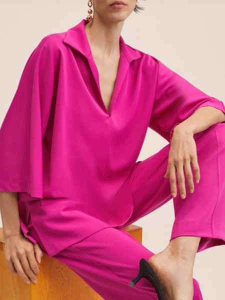 

Daily Loosen Plain Lapel Short Sleeve Top, Rose red, Tops