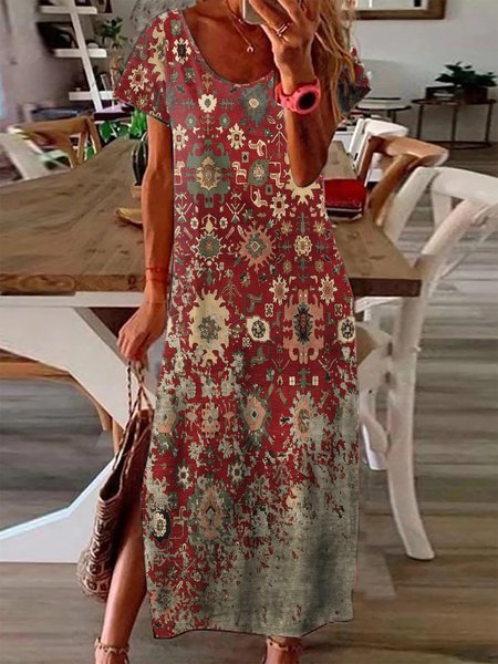 

Abstract Printed V Neck Short Sleeve Plus Size Casual Dresses, Red, Maxi Dresses