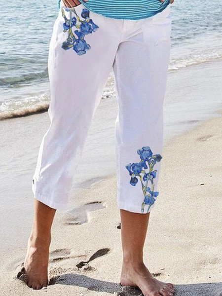 

Vintage Art Classic Floral Loosen Shorts, White, Pants