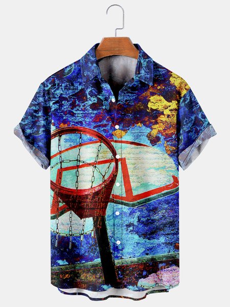 

Men's Basketball Abstract Print Casual Breathable Short Sleeve Shirt, Blue, Men's Floral shirt