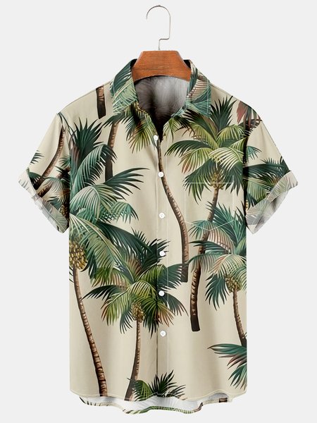 

Men's Hawaiian Print Lapel Loose Chest Pocket Short Sleeve Trendy Aloha Shirt, As picture, Men's Floral shirt
