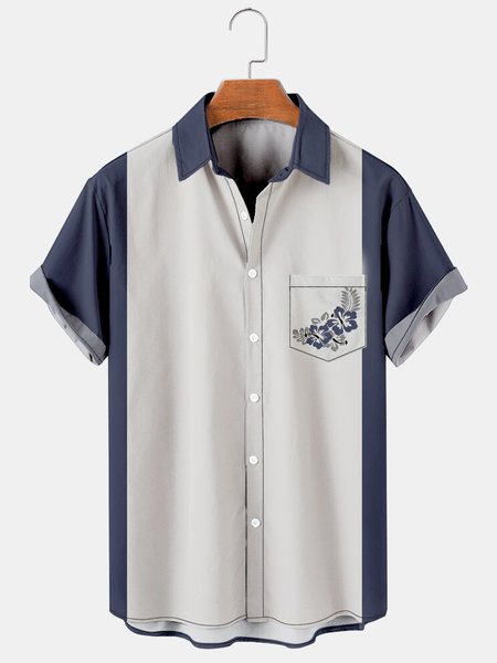 

Men's Hibiscus Flower Print Casual Breathable Short Sleeve Shirt, Blue, Men's Floral shirt
